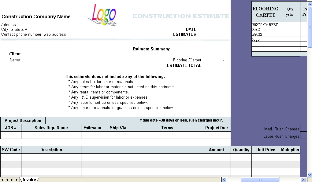 How do you create a construction estimate sheet?