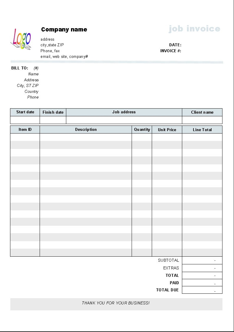 A job service invoice template that details start date, end date, job location