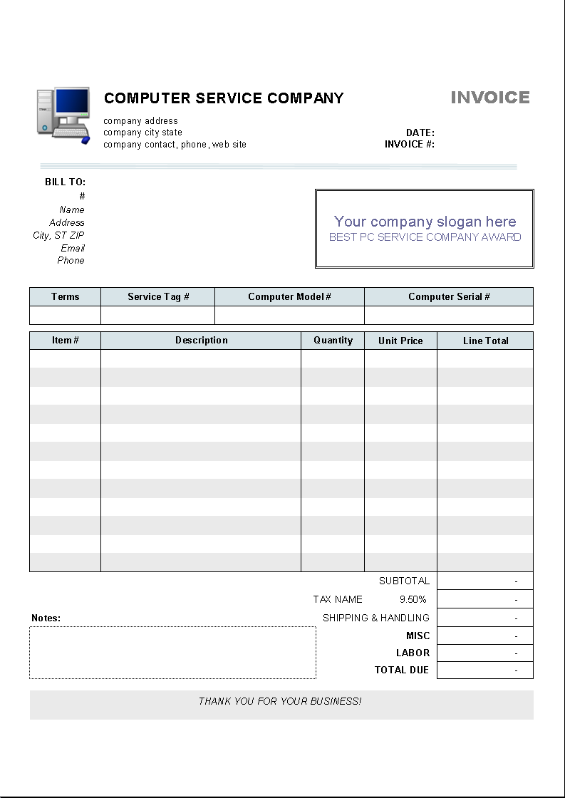 Computer Service Invoice Template Invoice Manager for Excel