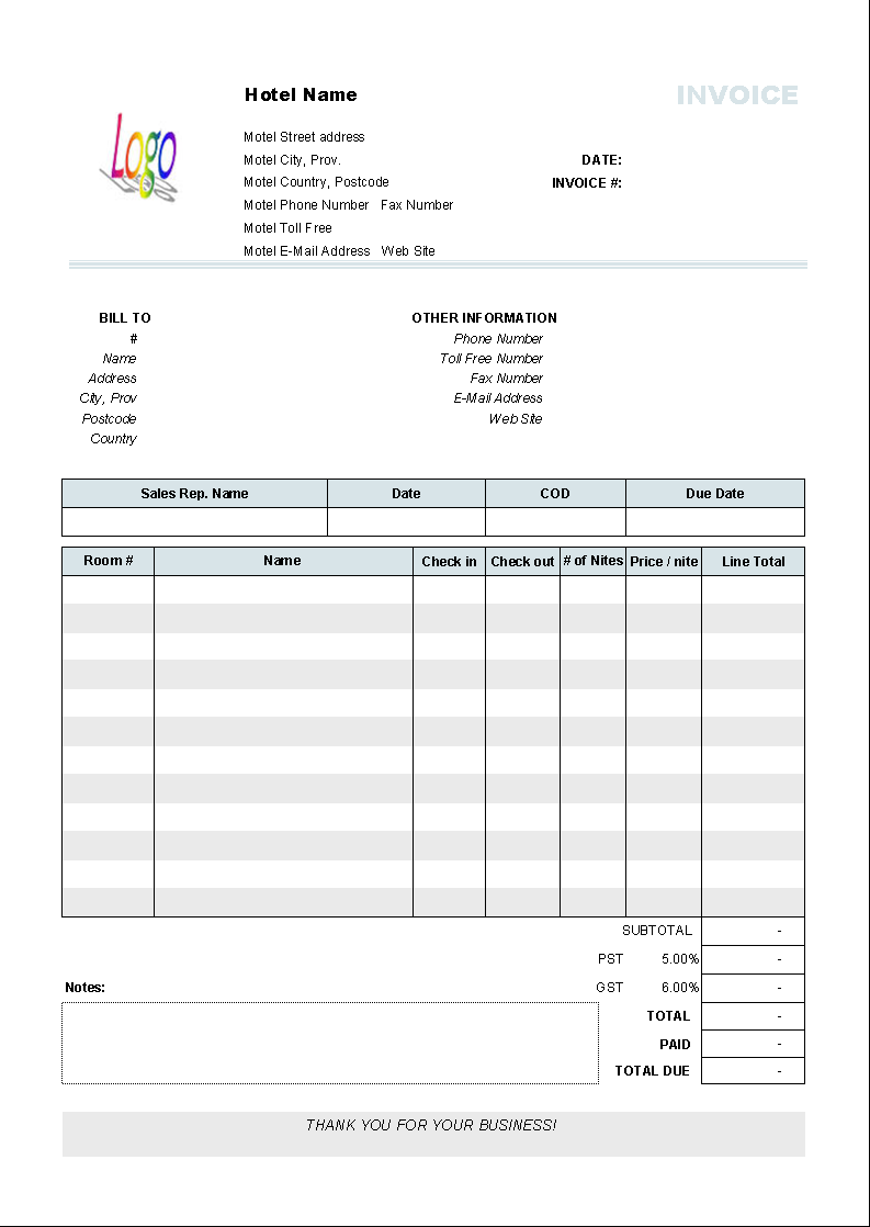 Hotel Invoice Template - Uniform Invoice Software