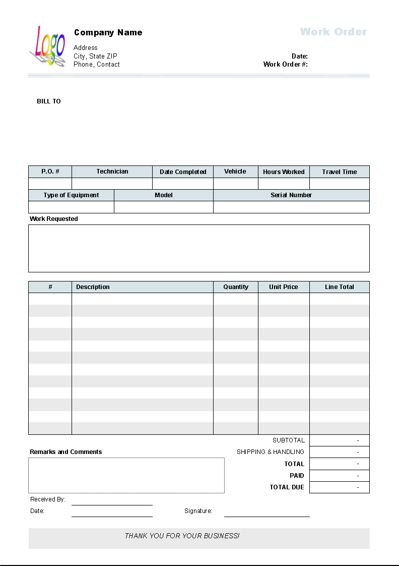 Work Order Template - Invoice Manager for Excel